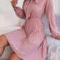 Tie Neck Balloon Sleeve Pleated Dress