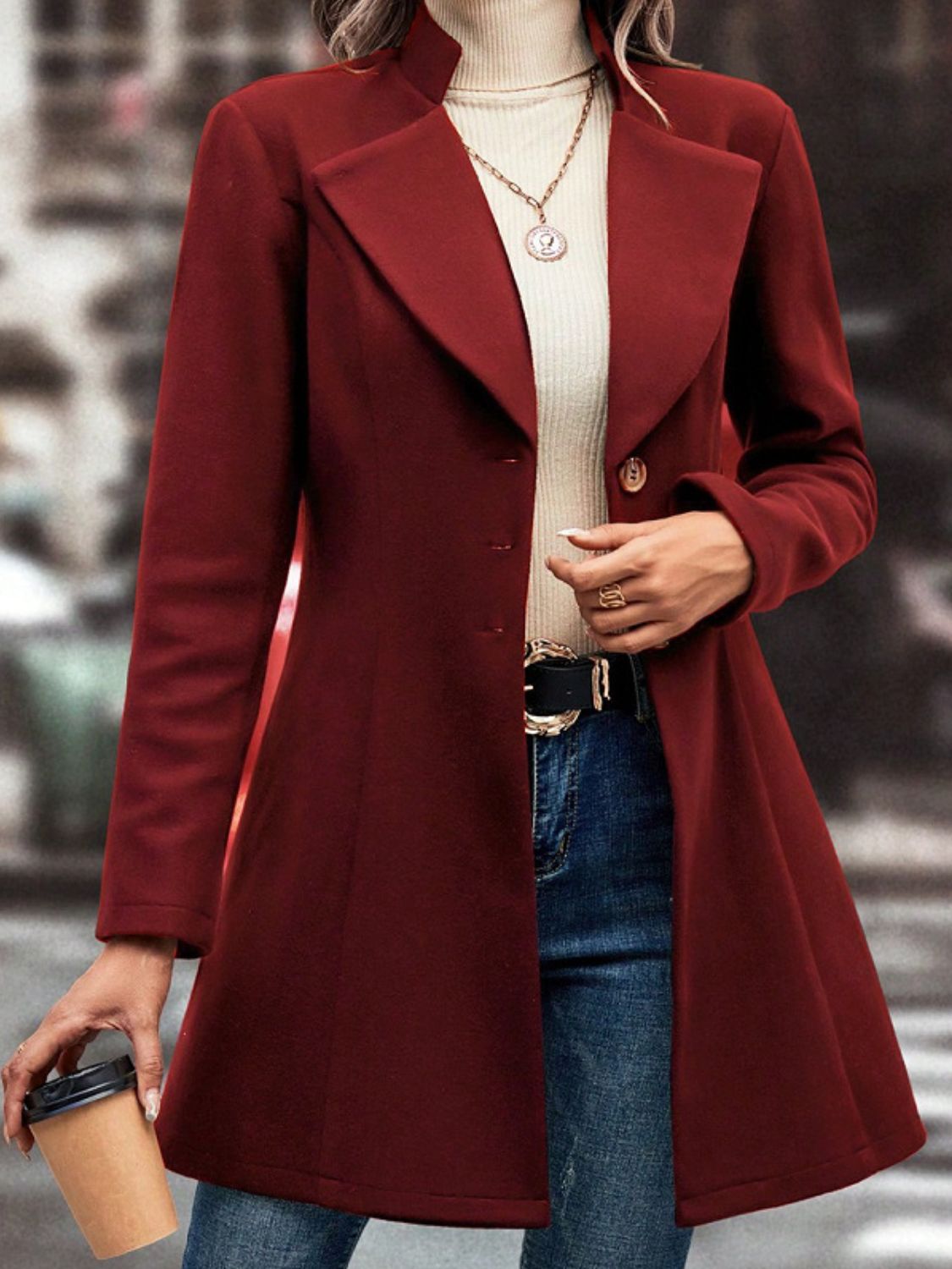 Collared Neck Button Up Long Sleeve Coat