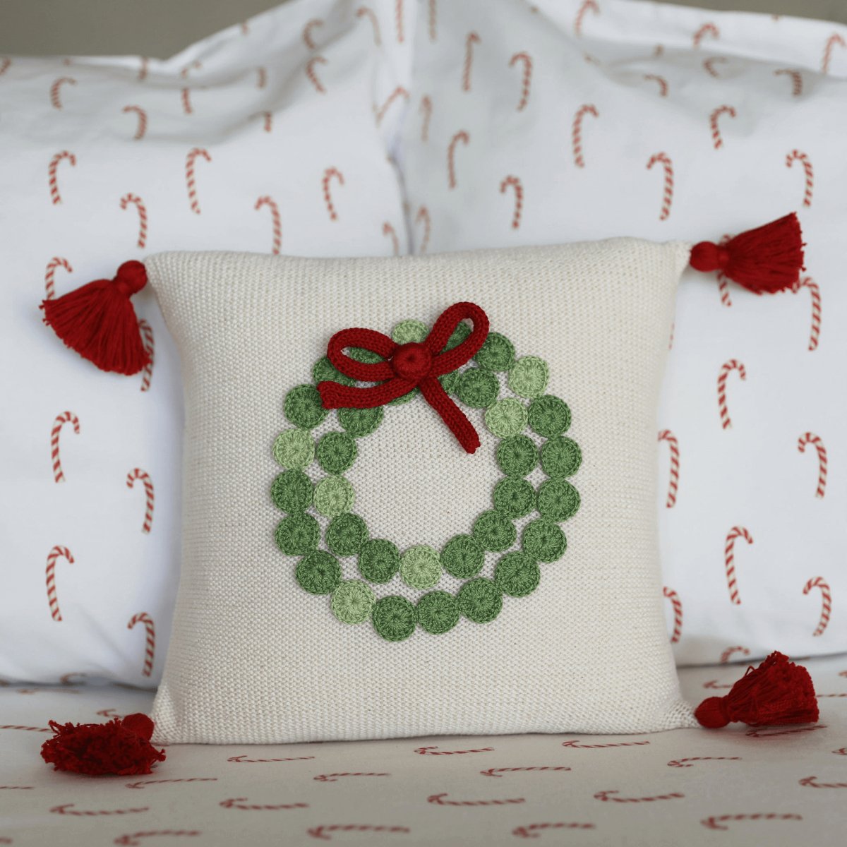 10" Ecru Handmade Artisan Green Wreath Pillow