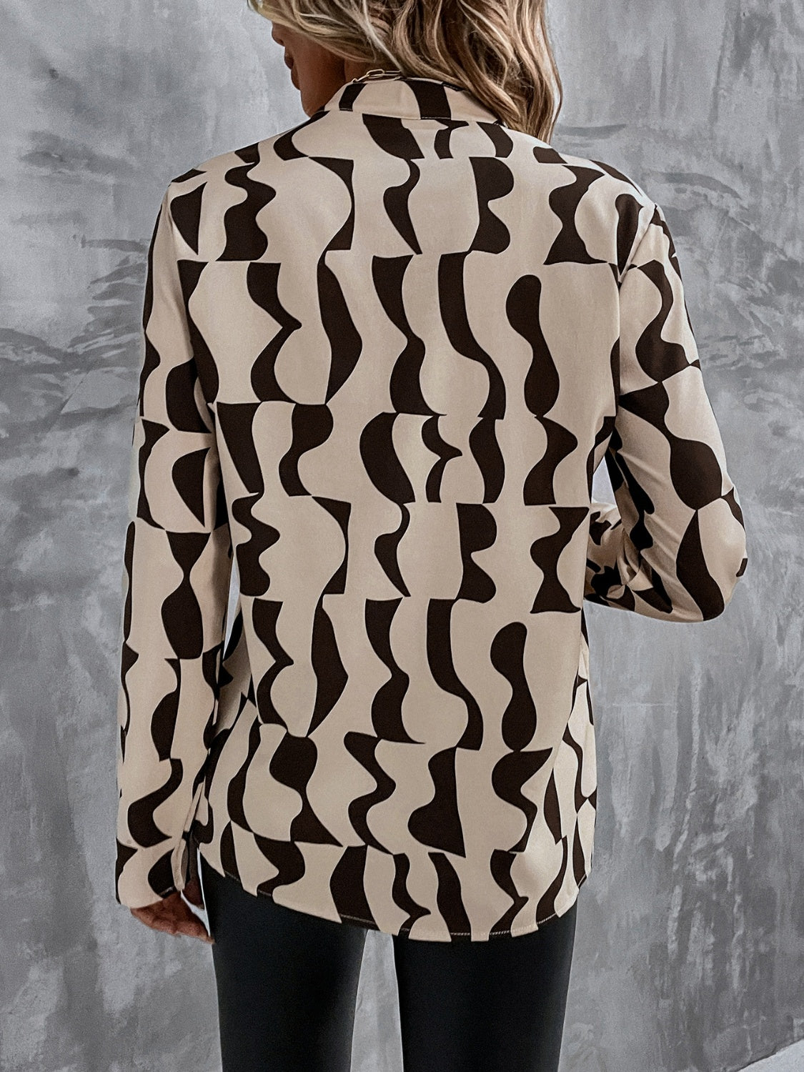 Printed Notched Long Sleeve Blouse