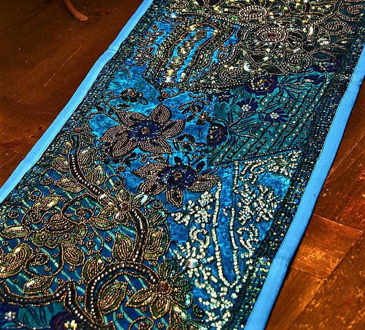 Embroidered and Jeweled Blue Gujarat Table Runner