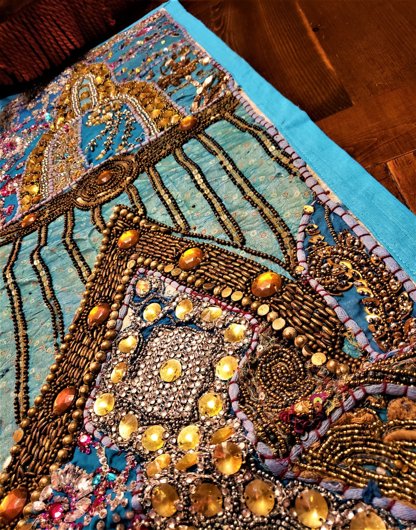 Embroidered and Jeweled Blue Gujarat Table Runner