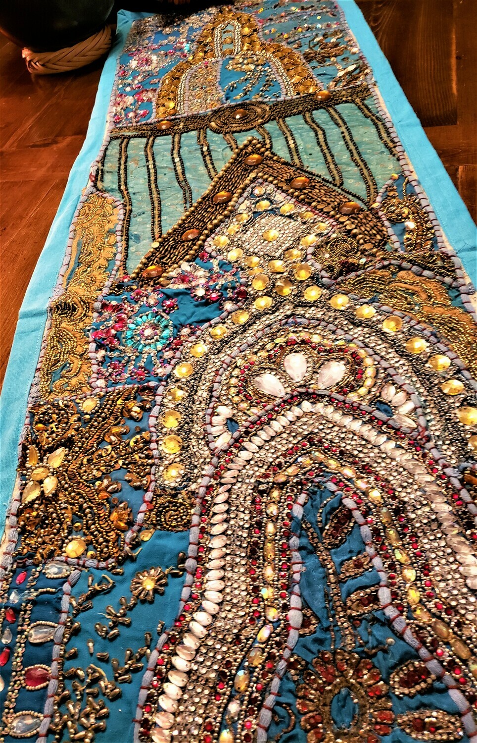 Embroidered and Jeweled Blue Gujarat Table Runner