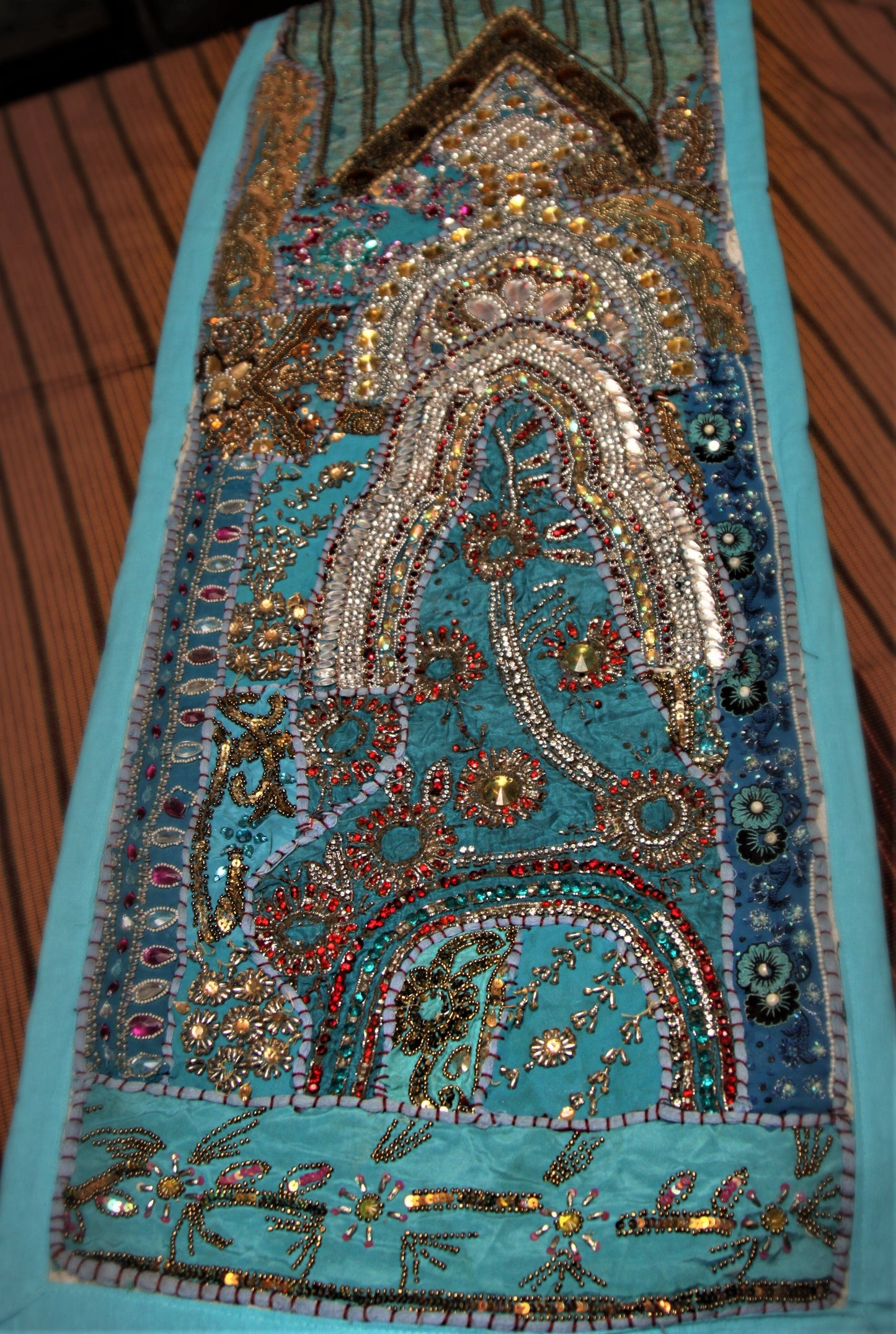 Embroidered and Jeweled Blue Gujarat Table Runner