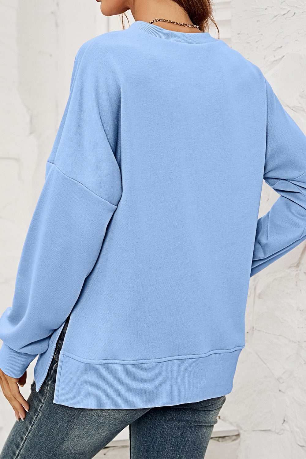 Round Neck  Dropped Shoulder Slit Sweatshirt