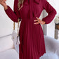 Tie Neck Balloon Sleeve Pleated Dress