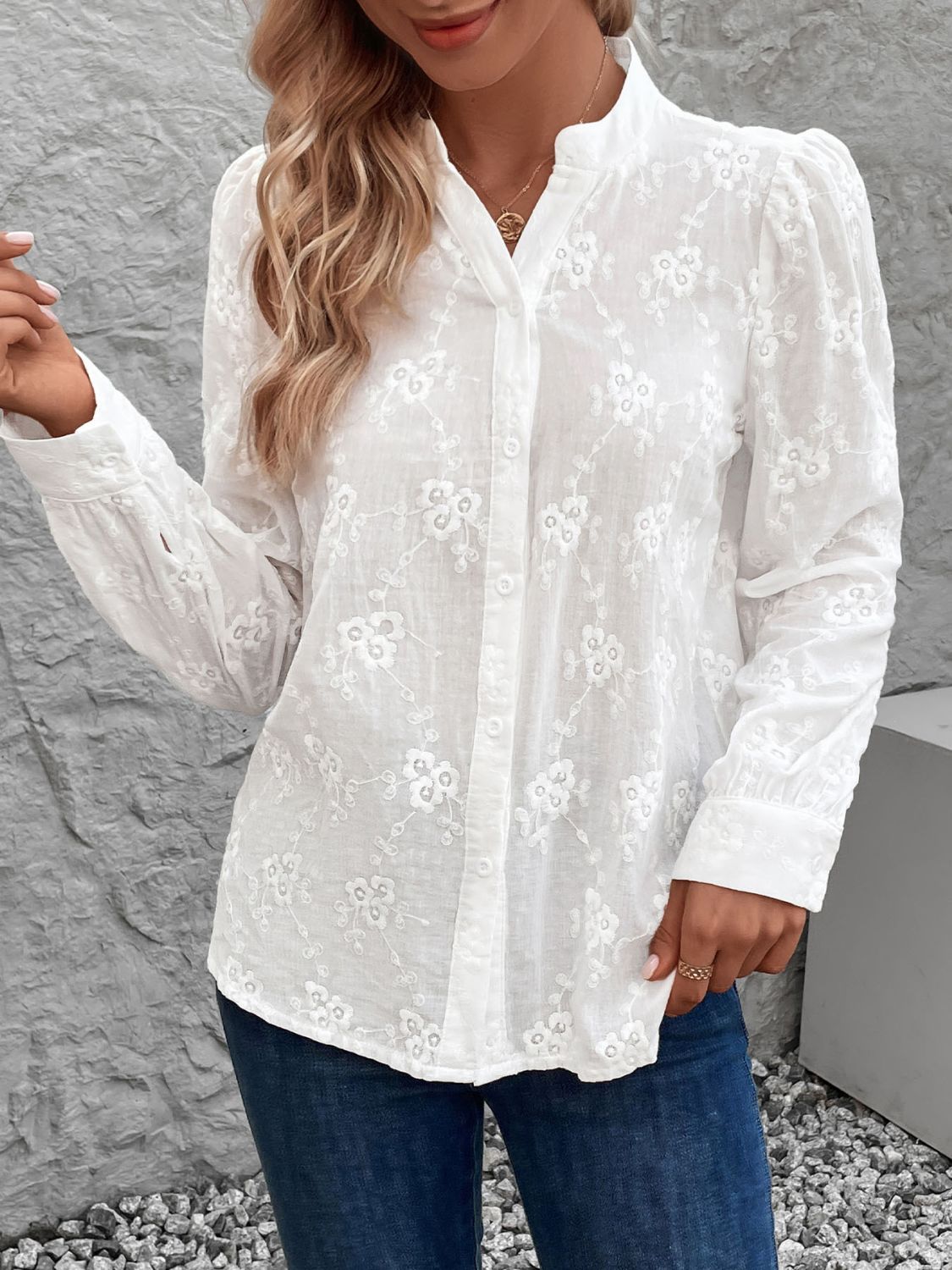 Perfee Notched Long Sleeve Shirt