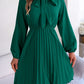 Tie Neck Balloon Sleeve Pleated Dress