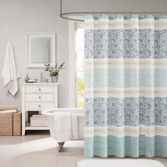 72 x 72-in Cotton Shower Curtain with Teal Blue Grey Cream White Paisley Pattern