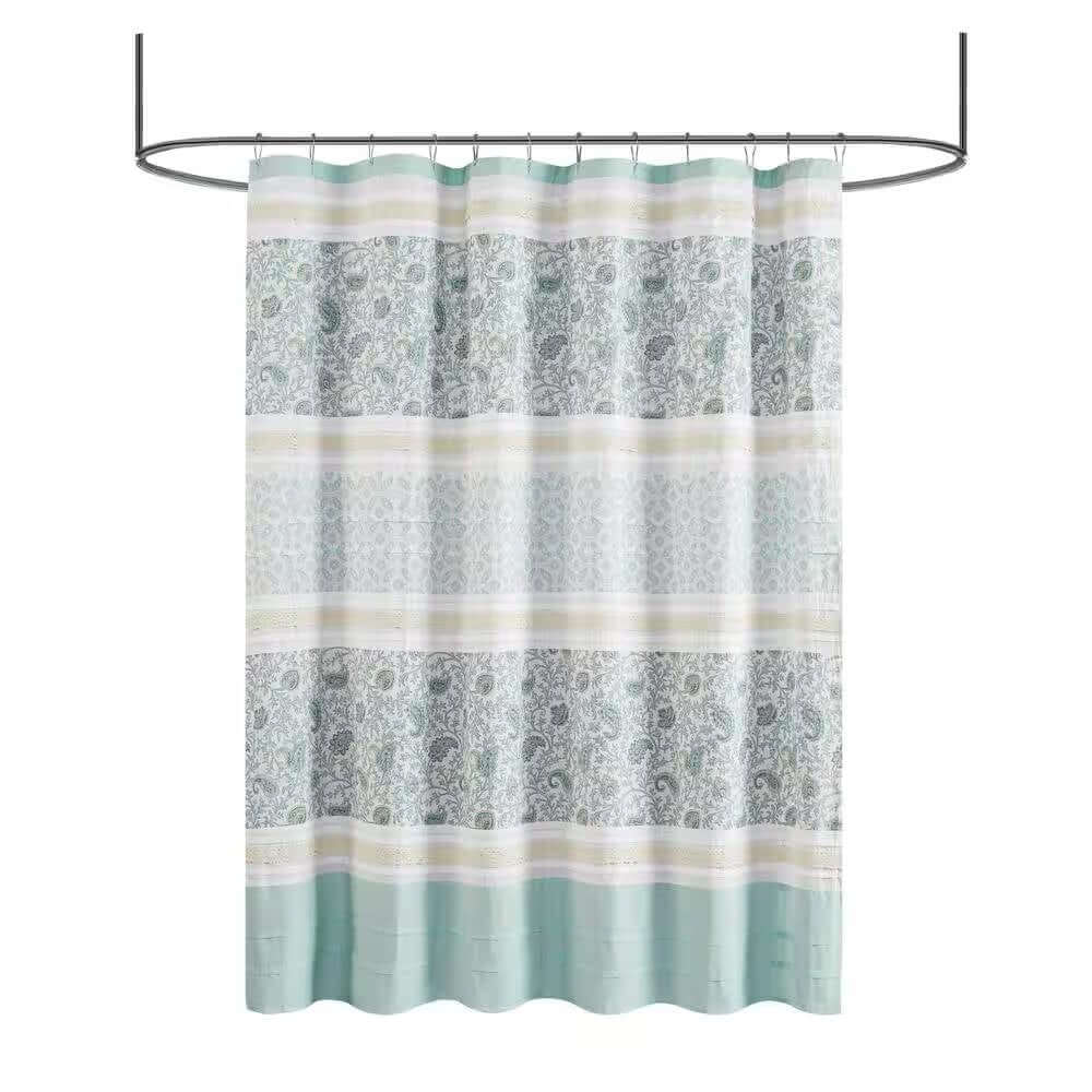 72 x 72-in Cotton Shower Curtain with Teal Blue Grey Cream White Paisley Pattern