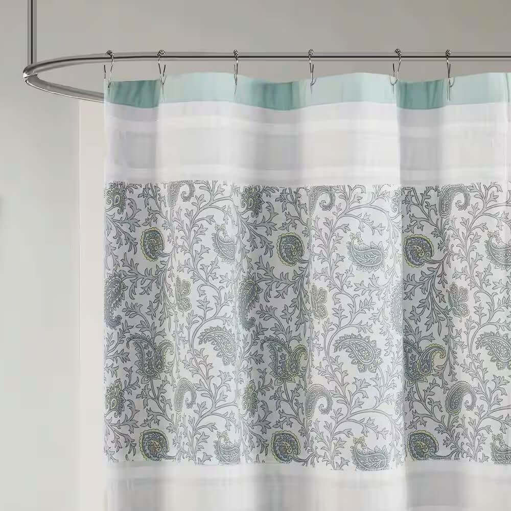 72 x 72-in Cotton Shower Curtain with Teal Blue Grey Cream White Paisley Pattern