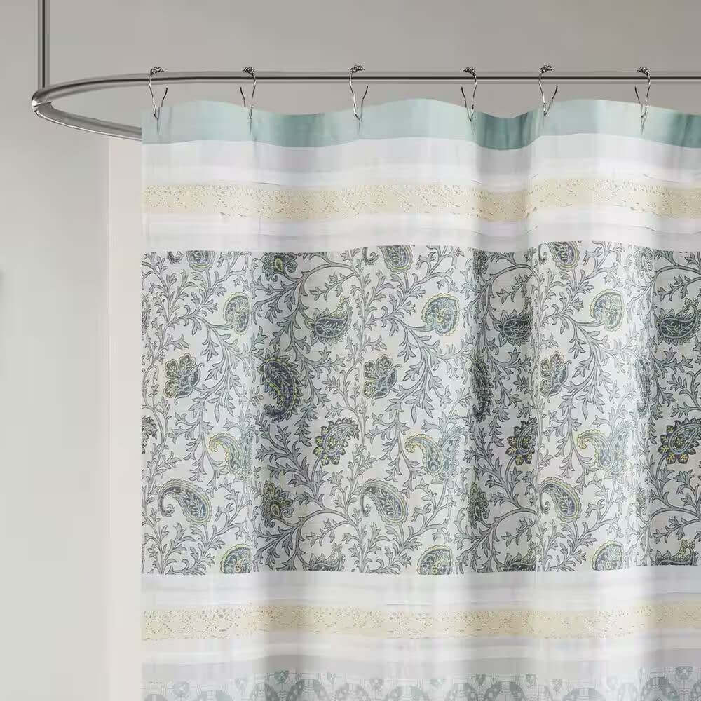 72 x 72-in Cotton Shower Curtain with Teal Blue Grey Cream White Paisley Pattern