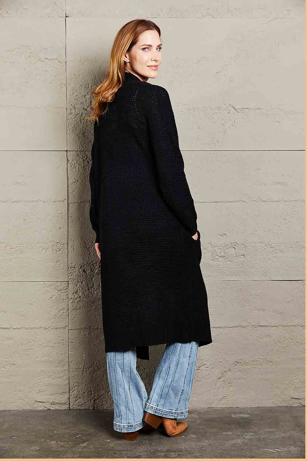 Waffle Knit Open Front Duster Cardigan With Pockets