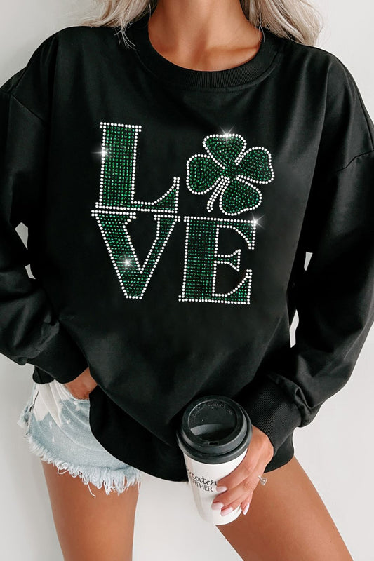 LOVE Rhinestone Clover Round Neck Sweatshirt