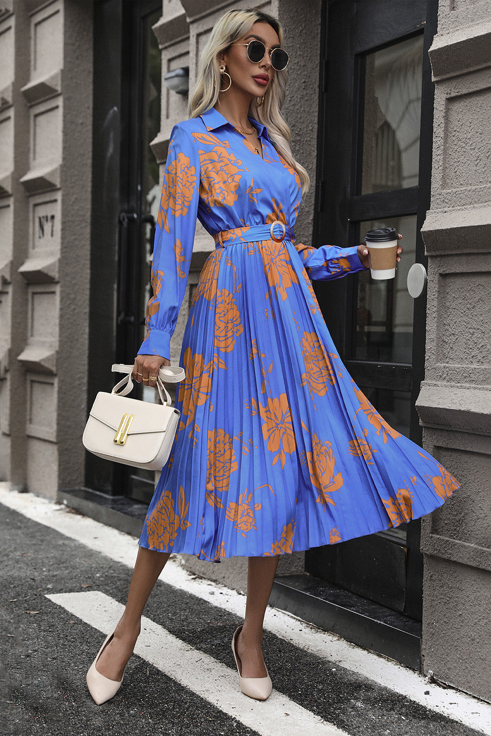 Perfee Floral Pleated Surplice Long Sleeve Midi Dress