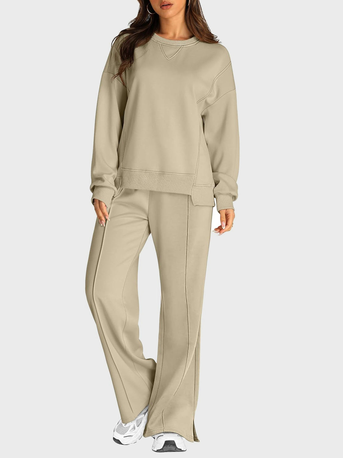 Round Neck Long Sleeve Top and Slit Pants Set