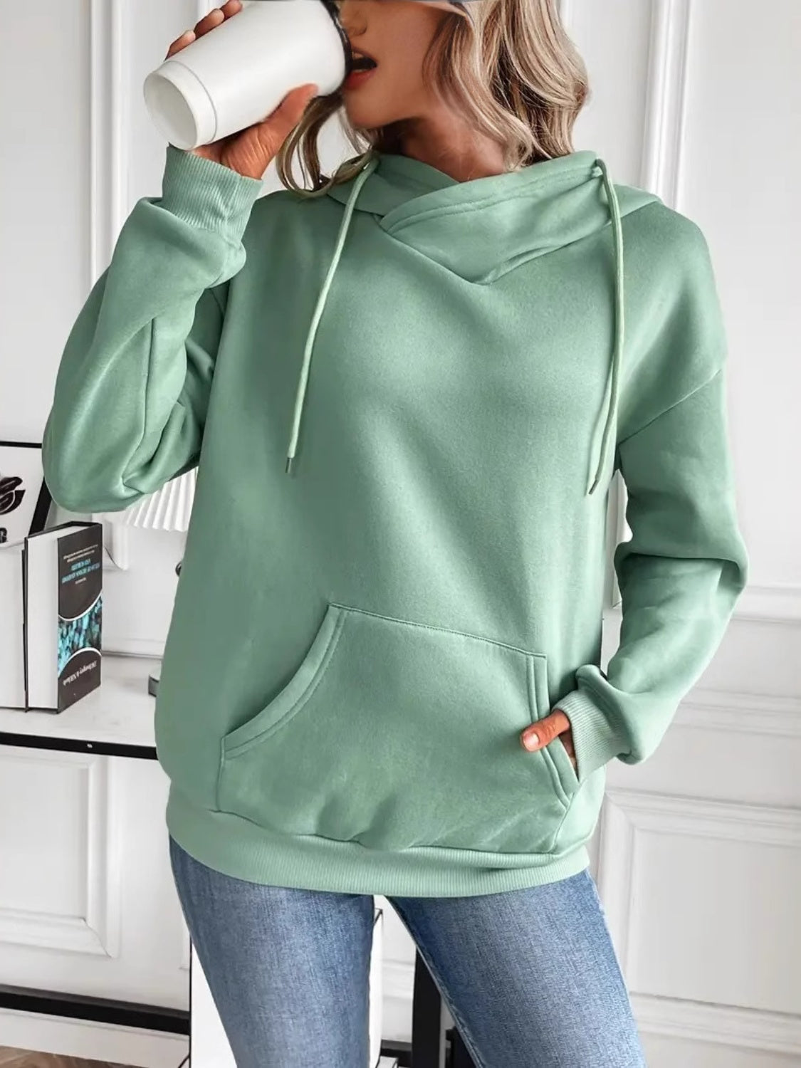 Drawstring Long Sleeve Hoodie with Kangaroo Pocket