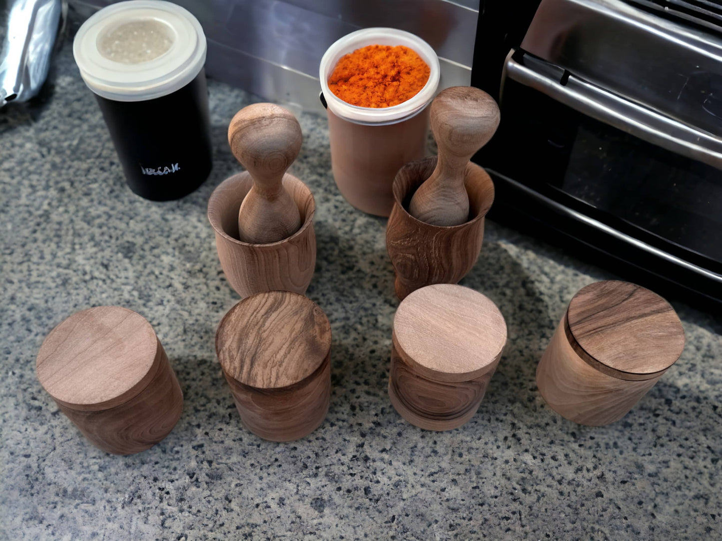 Exquisite Walnut Wood Spice Jar Set: Hand-Carved Elegance for Your Kitchen