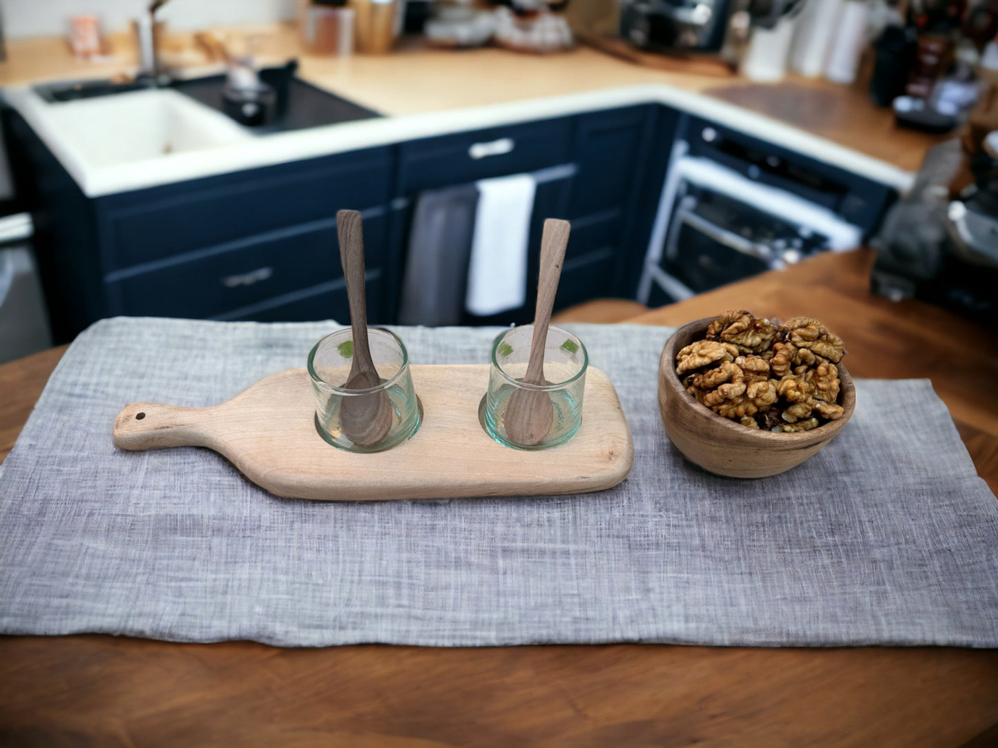 Walnut Wood Serving Set with 2 Recycled Glass Tumblers