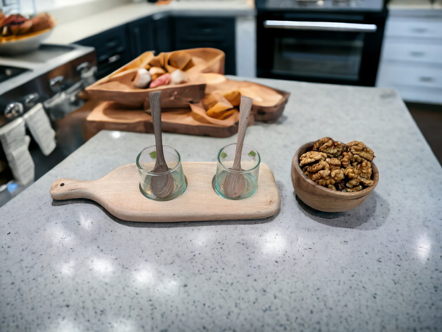 Walnut Wood Serving Set with 2 Recycled Glass Tumblers