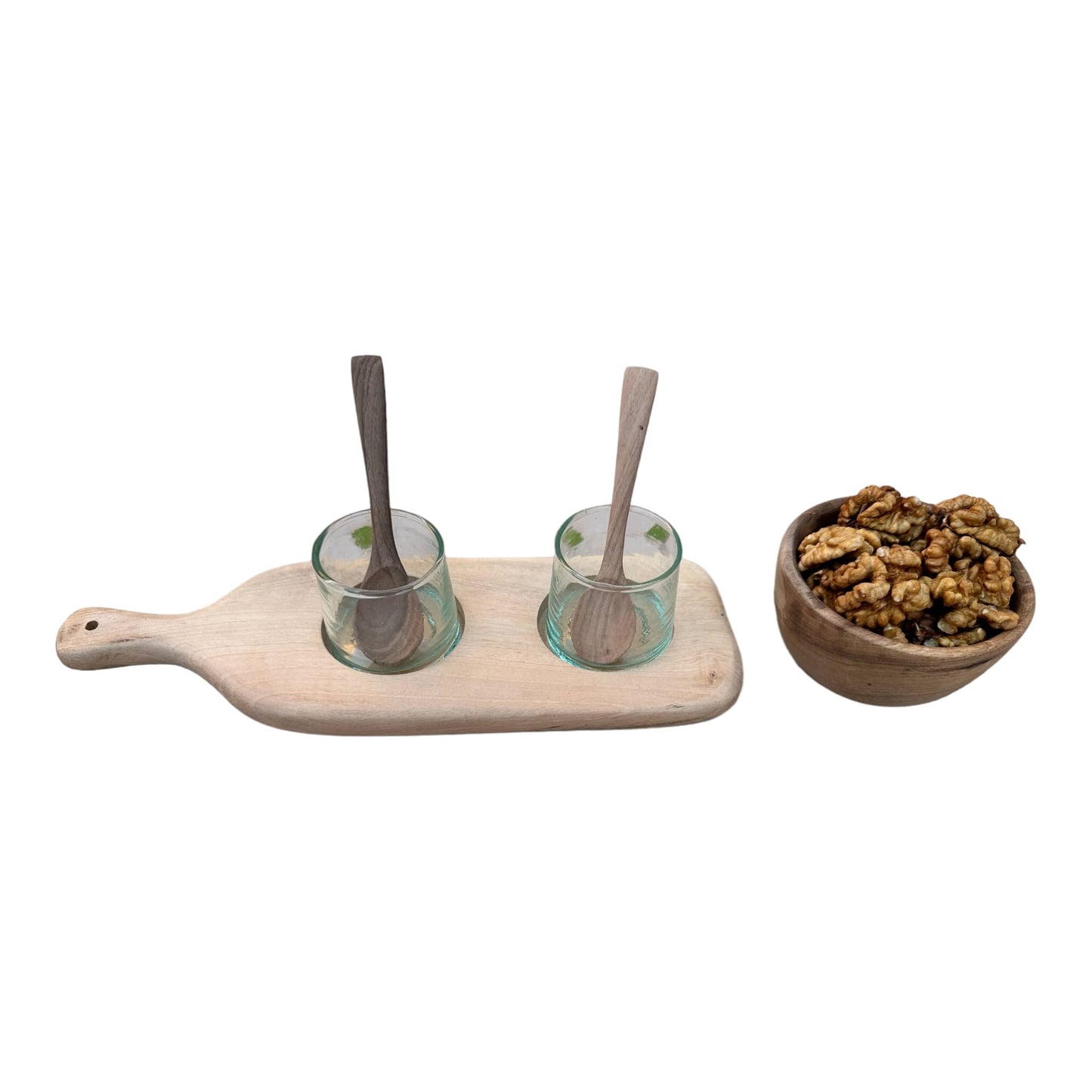 Walnut Wood Serving Set with 2 Recycled Glass Tumblers