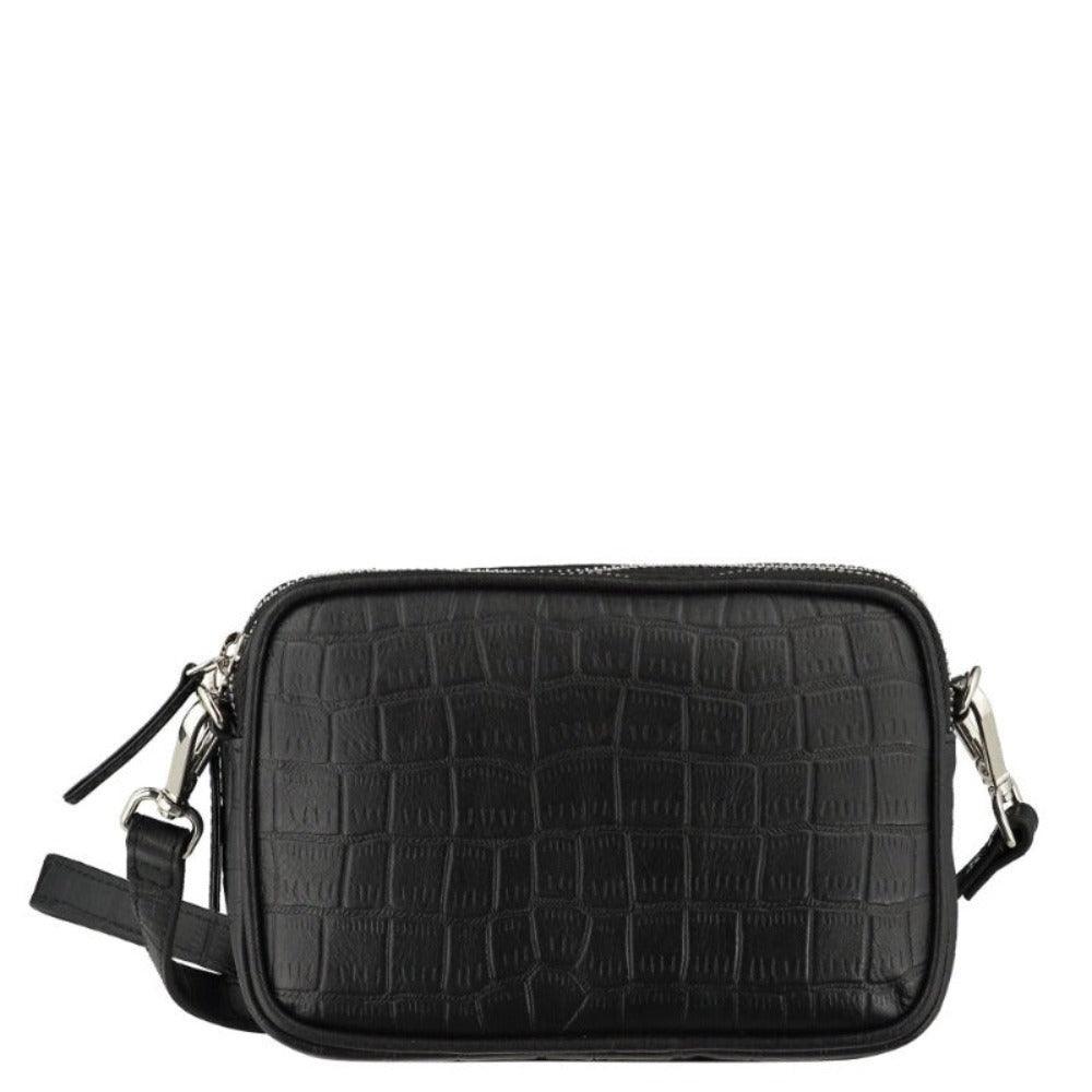 Black Croc Print Leather Crossbody Bag