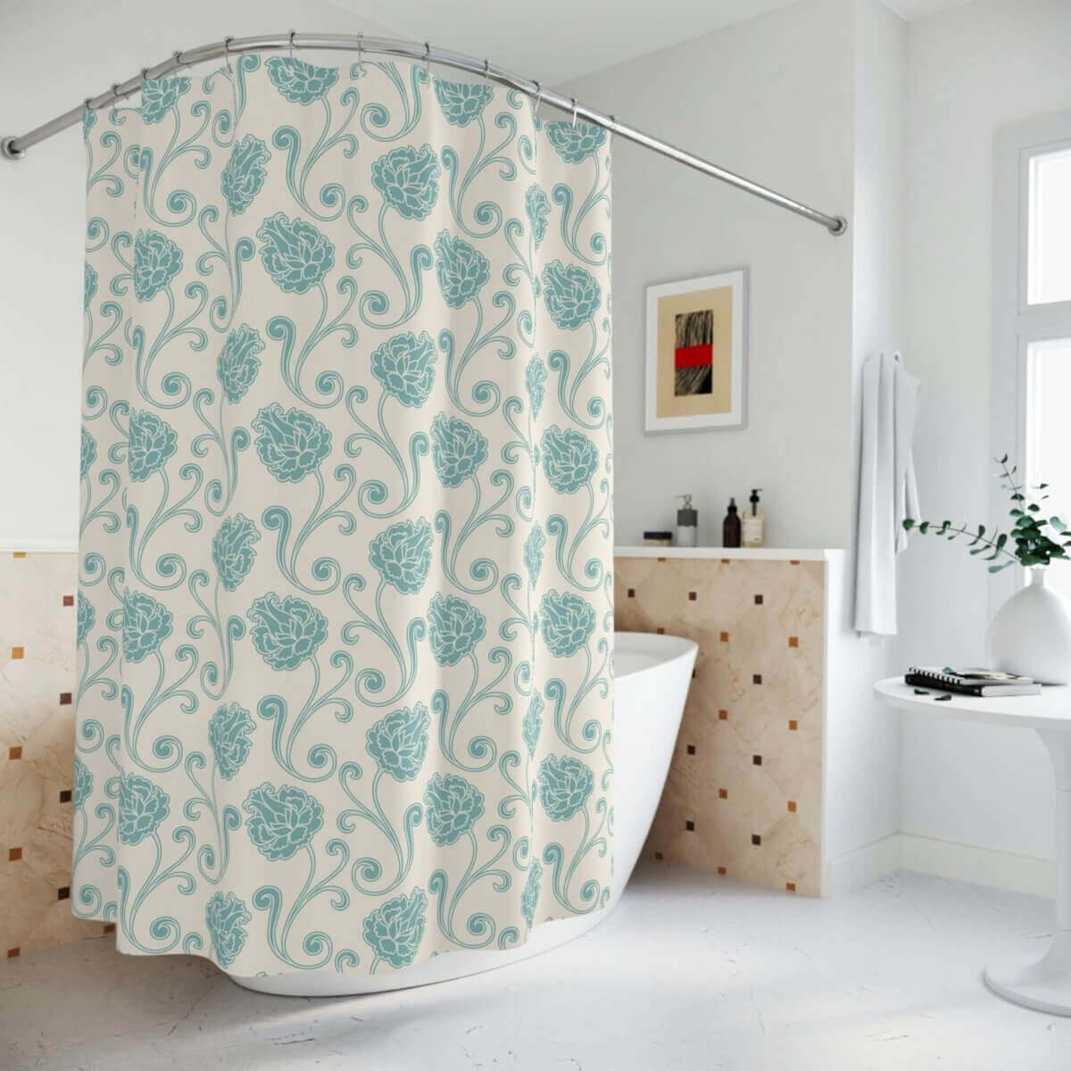 Blue & Cream Floral  Shower Curtain