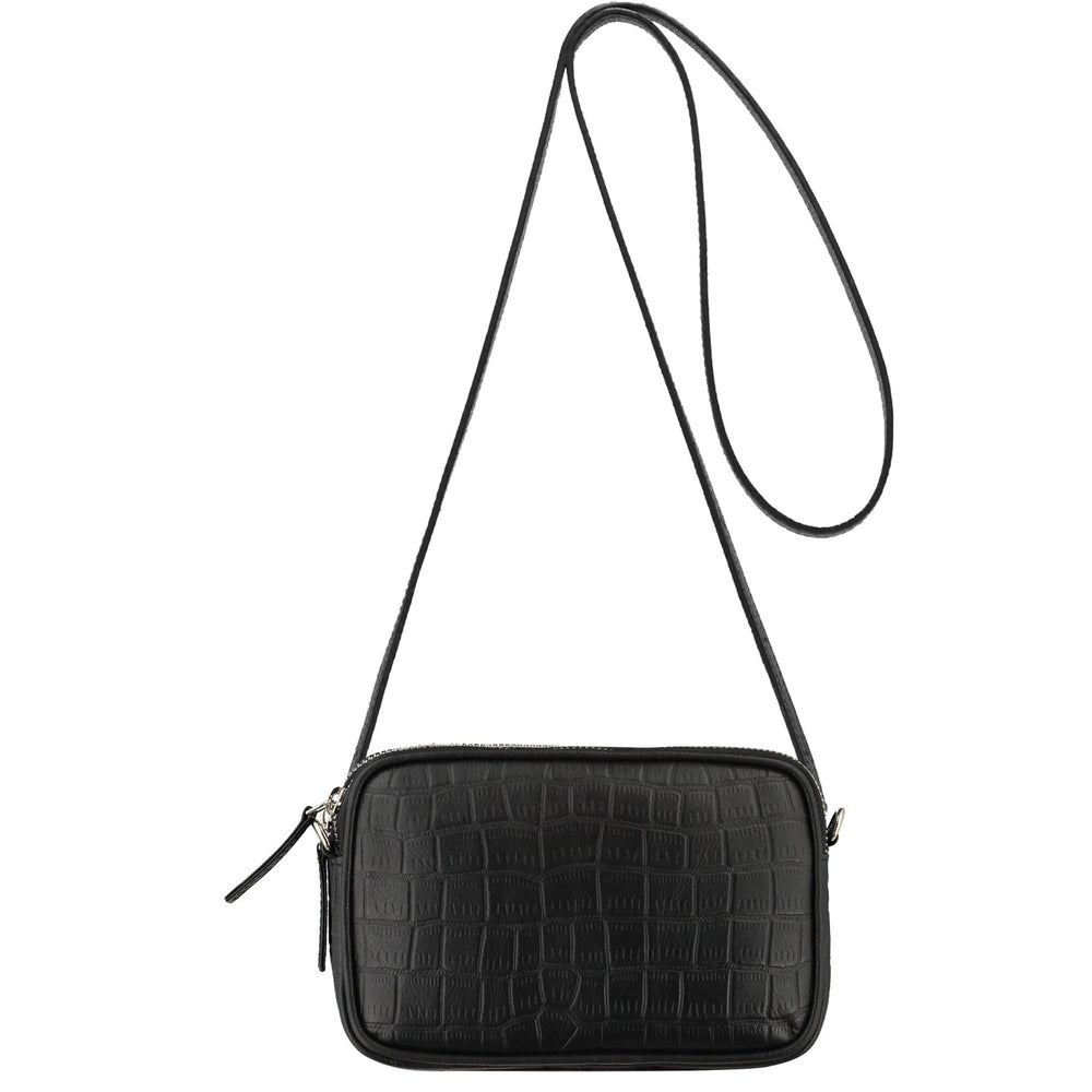 Black Croc Print Leather Crossbody Bag