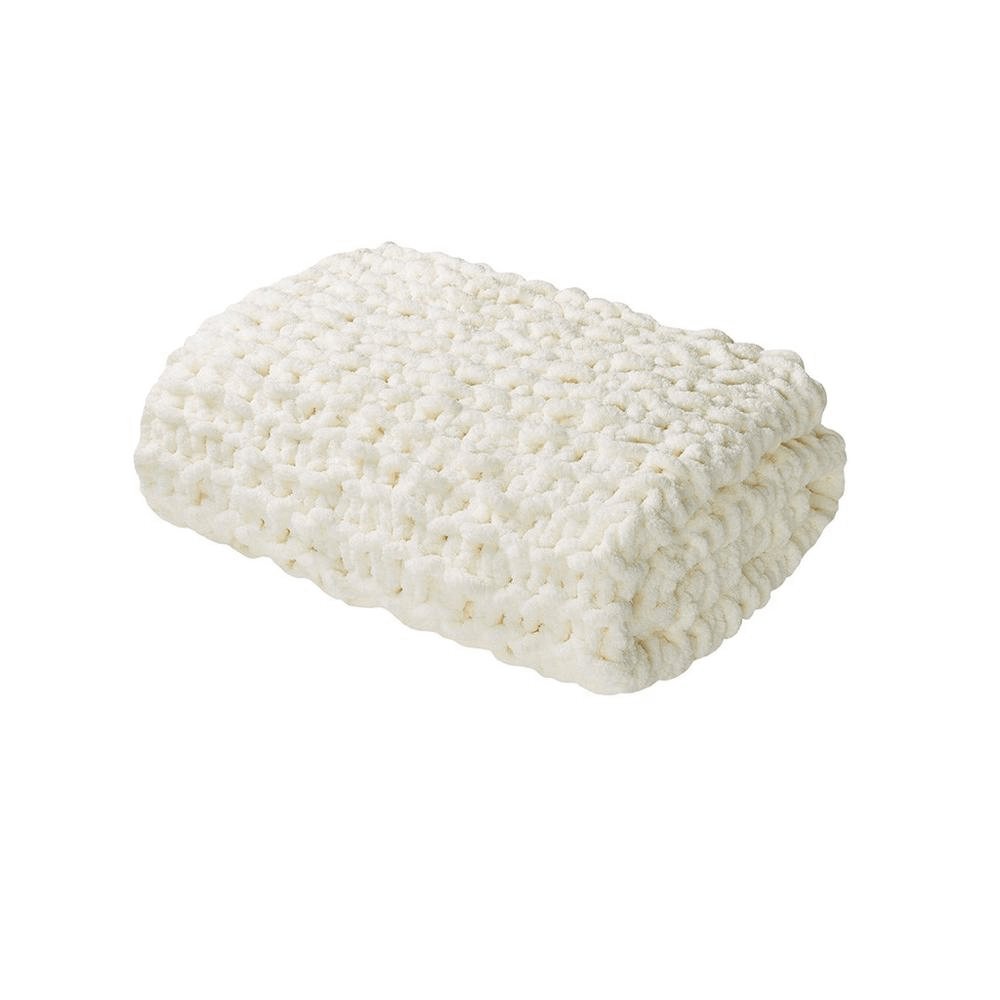 Chenille Handmade Chunky Knit Throw Blanket in Ivory