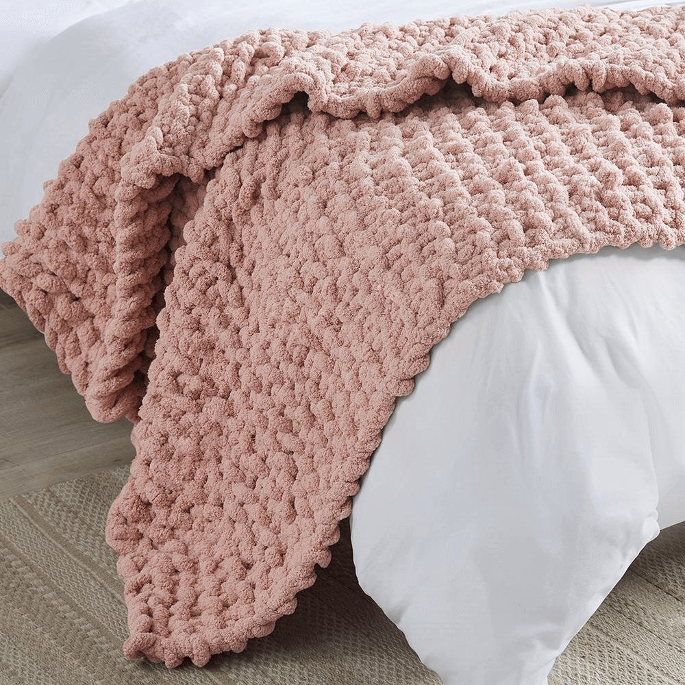 Chenille Handmade Chunky Knit Throw Blanket in Ivory