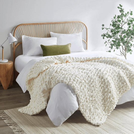 Chenille Handmade Chunky Knit Throw Blanket in Ivory