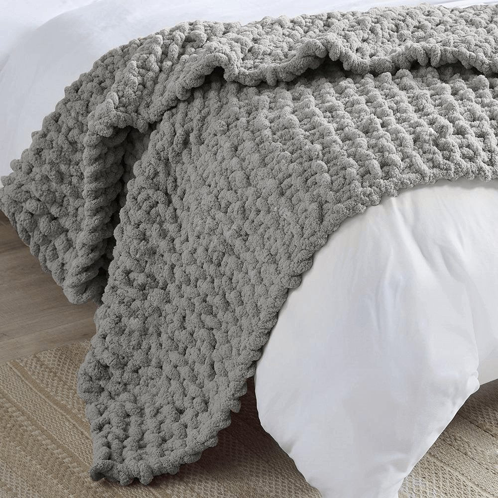 Chenille Handmade Chunky Knit Throw Blanket in Ivory