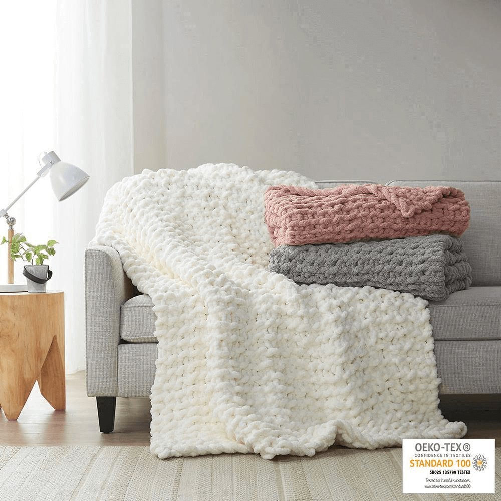 Chenille Handmade Chunky Knit Throw Blanket in Ivory