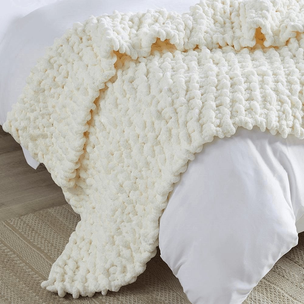 Chenille Handmade Chunky Knit Throw Blanket in Ivory