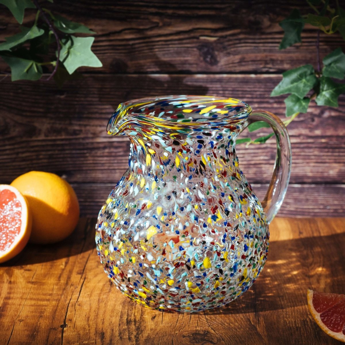 Colorful Hand Blown Glass Pitcher – Confetti Rock Design, 70 Ounces