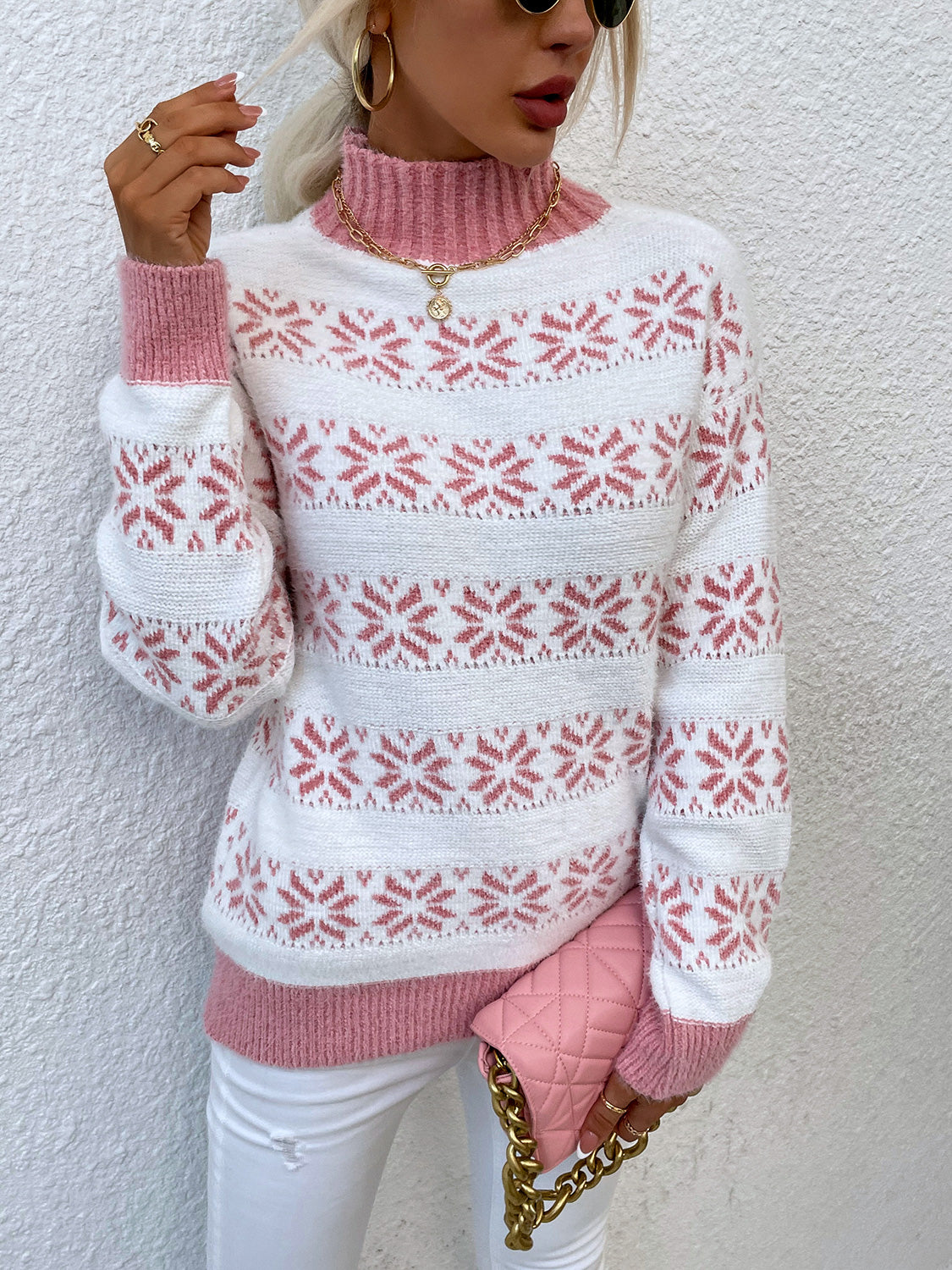 Snowflake Pattern Mock Neck Sweater