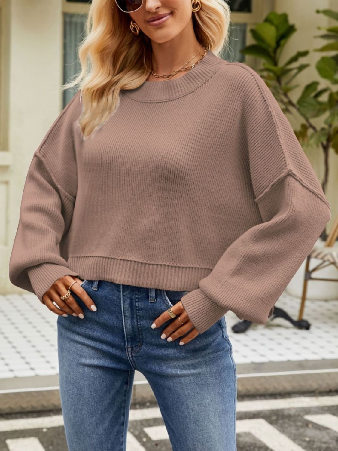 Round Neck Dropped Shoulder Sweater