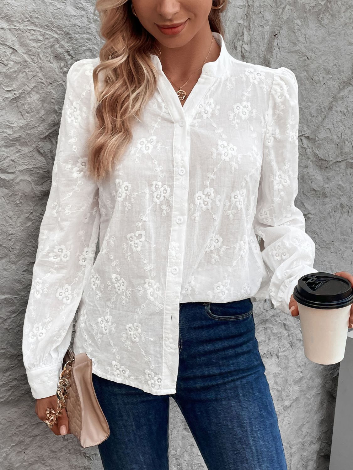 Perfee Notched Long Sleeve Shirt