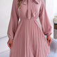 Tie Neck Balloon Sleeve Pleated Dress