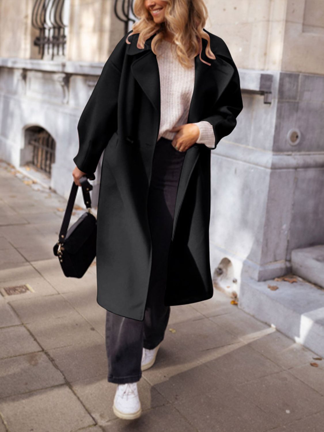 Pocketed Collared Neck Long Sleeve Coat