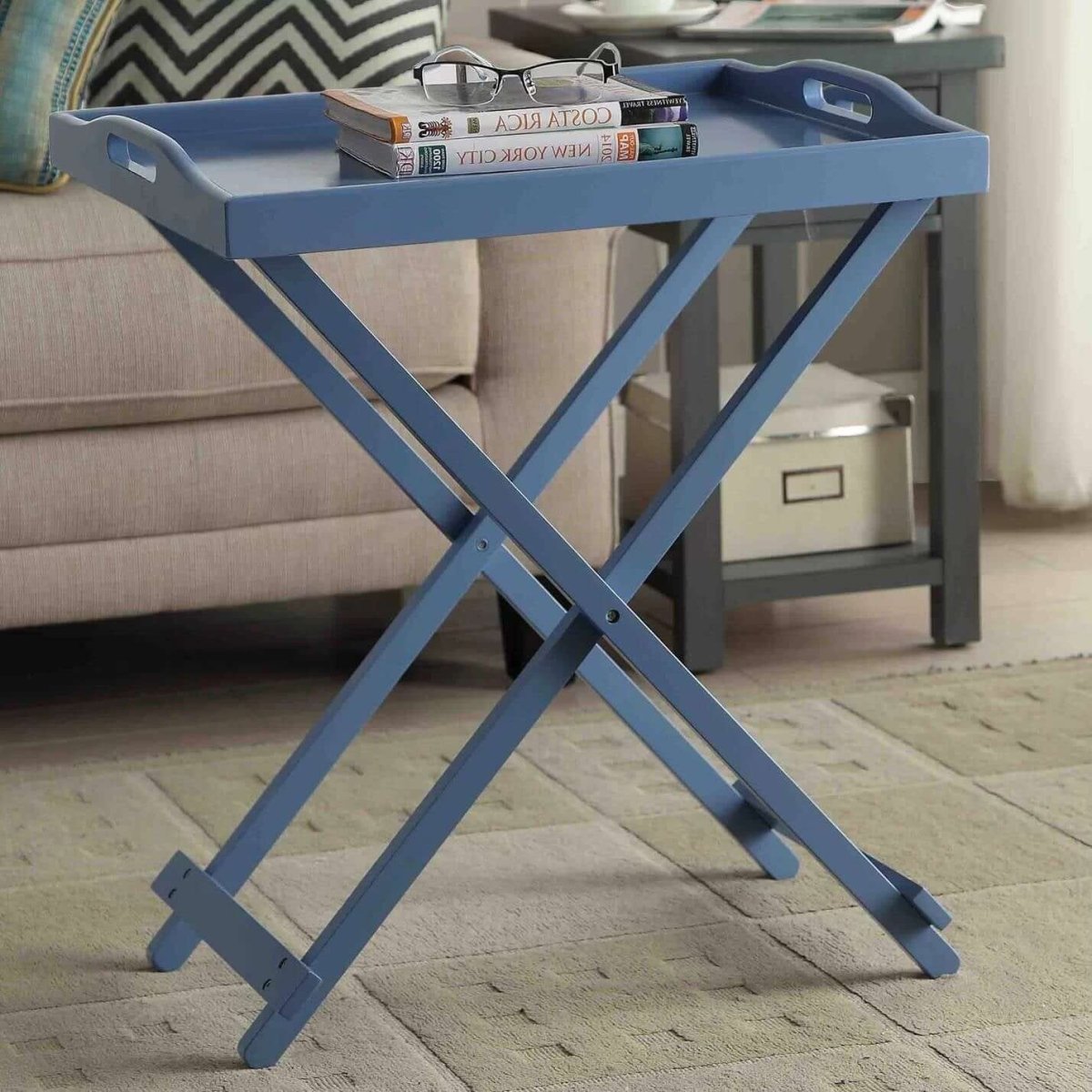 Folding TV Tray Bedside Table in Blue Wood Finish