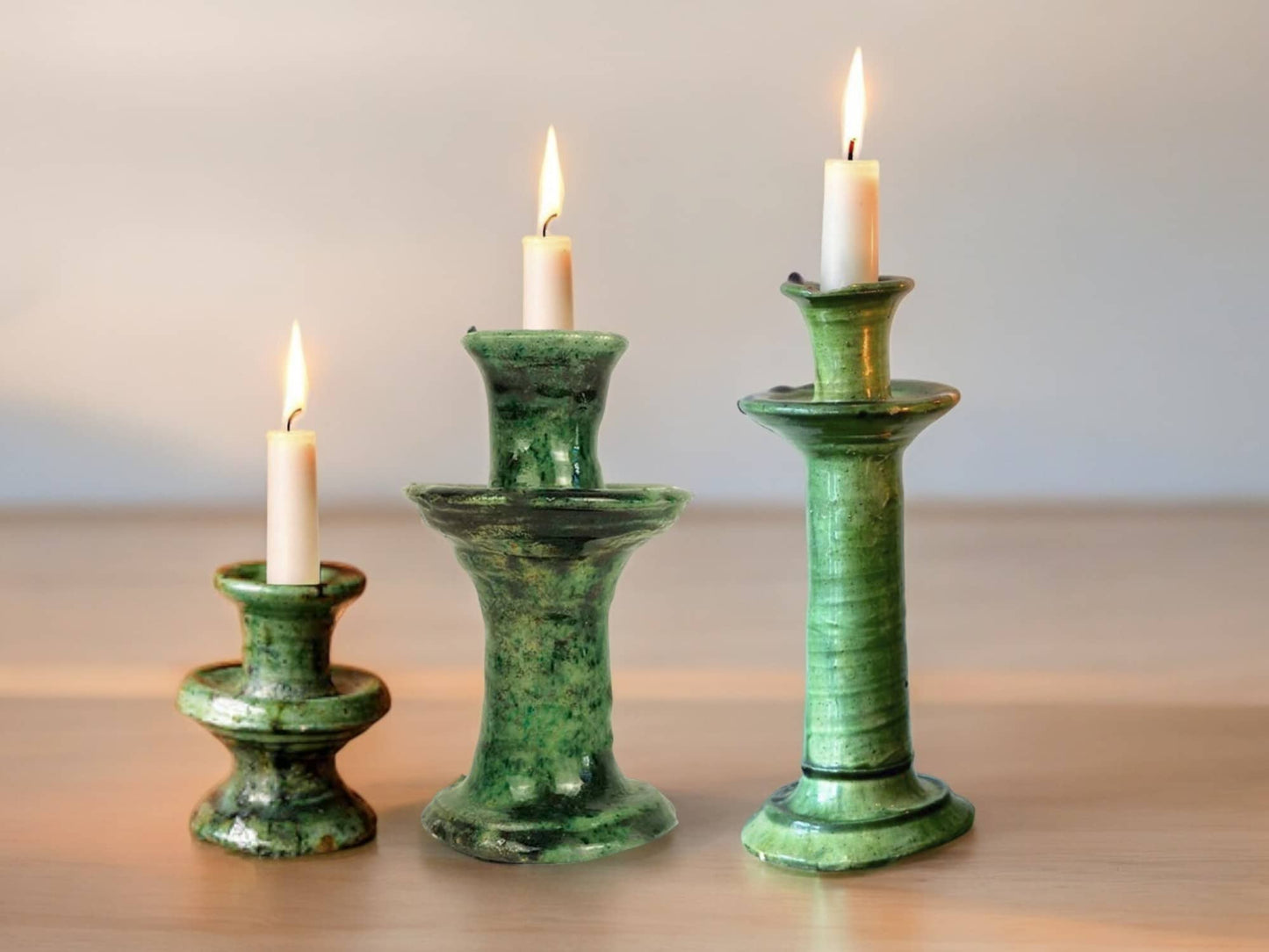 Handmade Moroccan Vintage Tamegroute Green Candlestick Holders: Set of 3 Ceramic Glazed Pottery