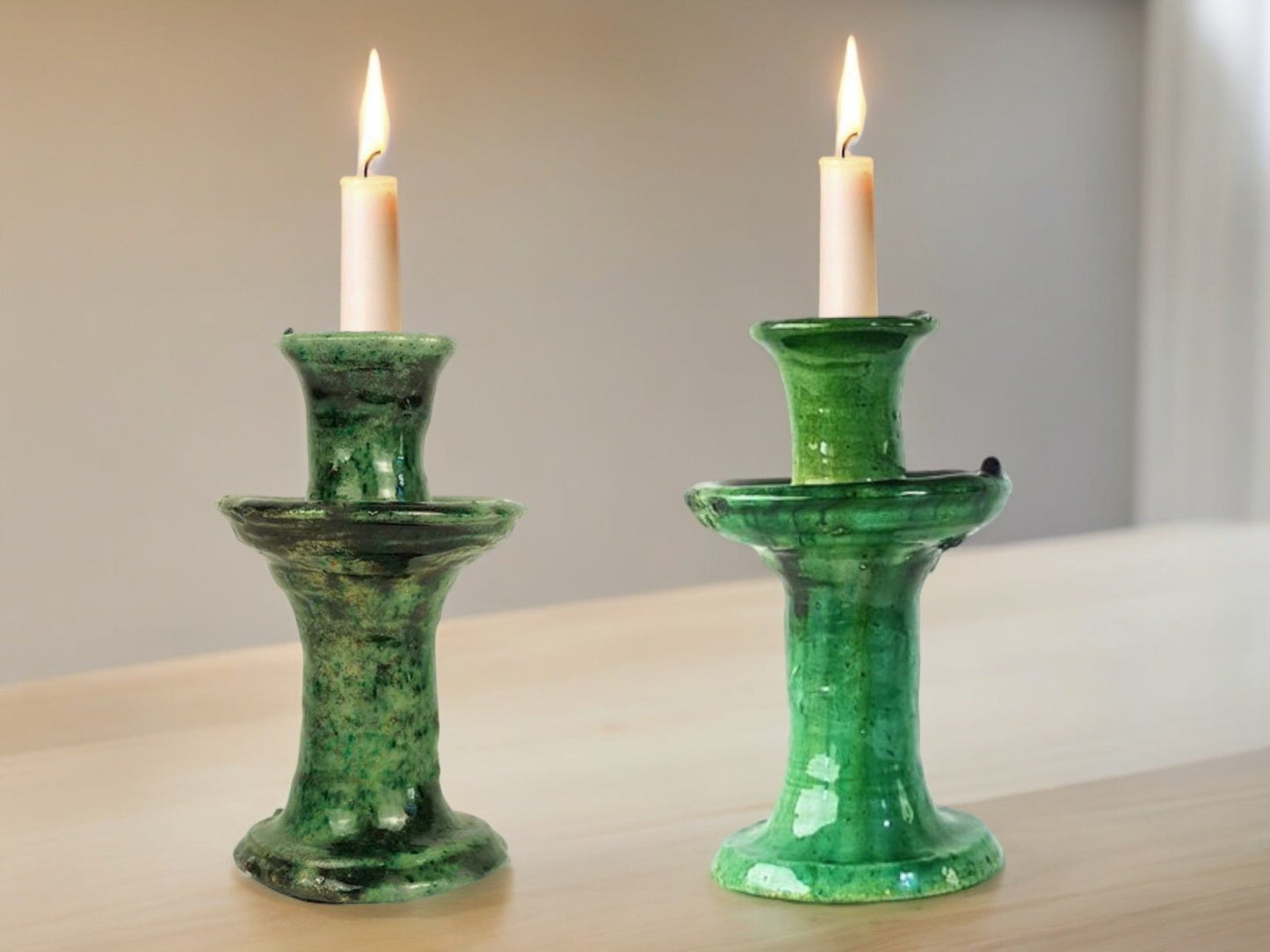 Handmade Moroccan Vintage Tamegroute Green Candlestick Holders: Set of 3 Ceramic Glazed Pottery