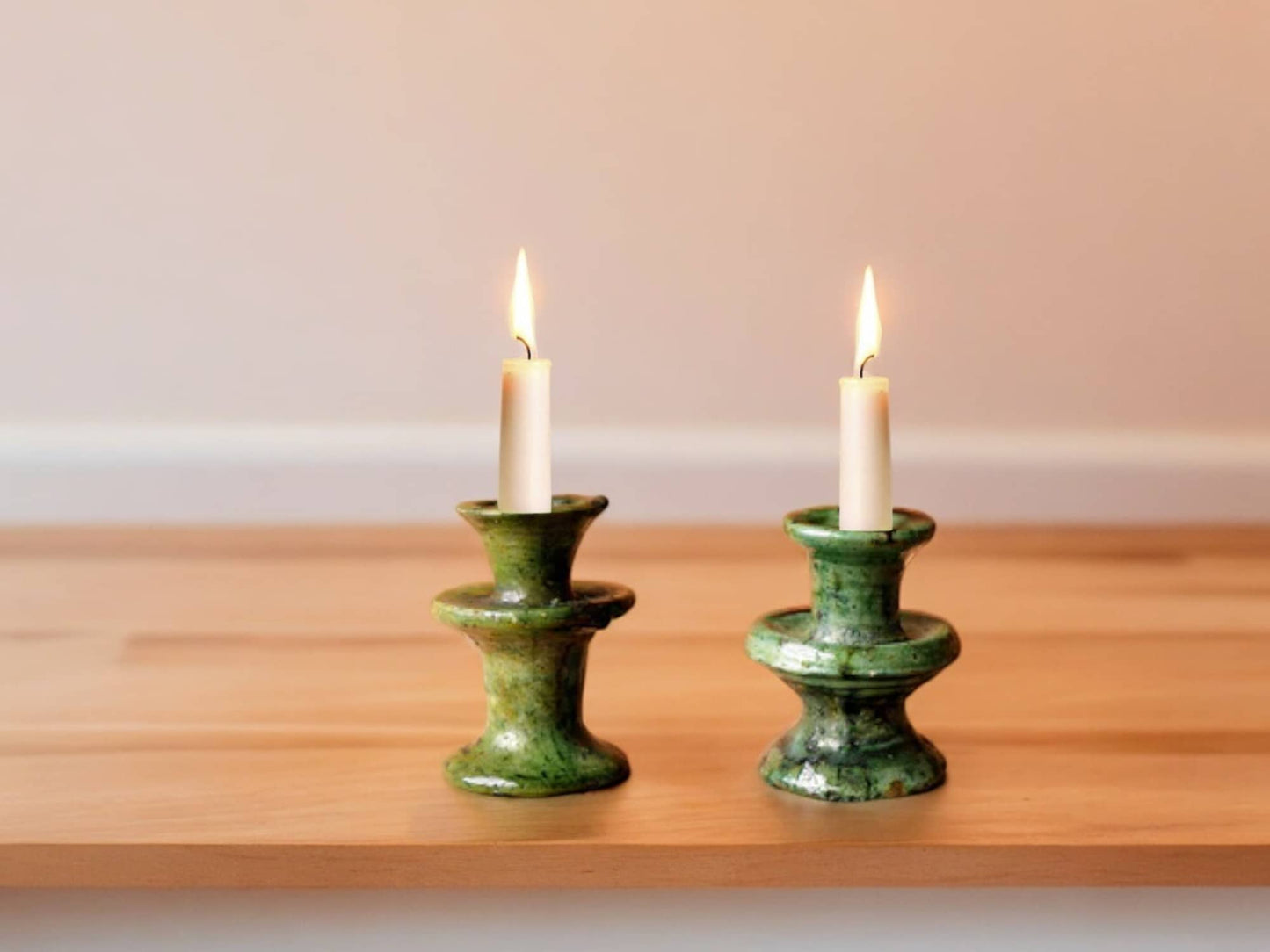 Handmade Moroccan Vintage Tamegroute Green Candlestick Holders: Set of 3 Ceramic Glazed Pottery