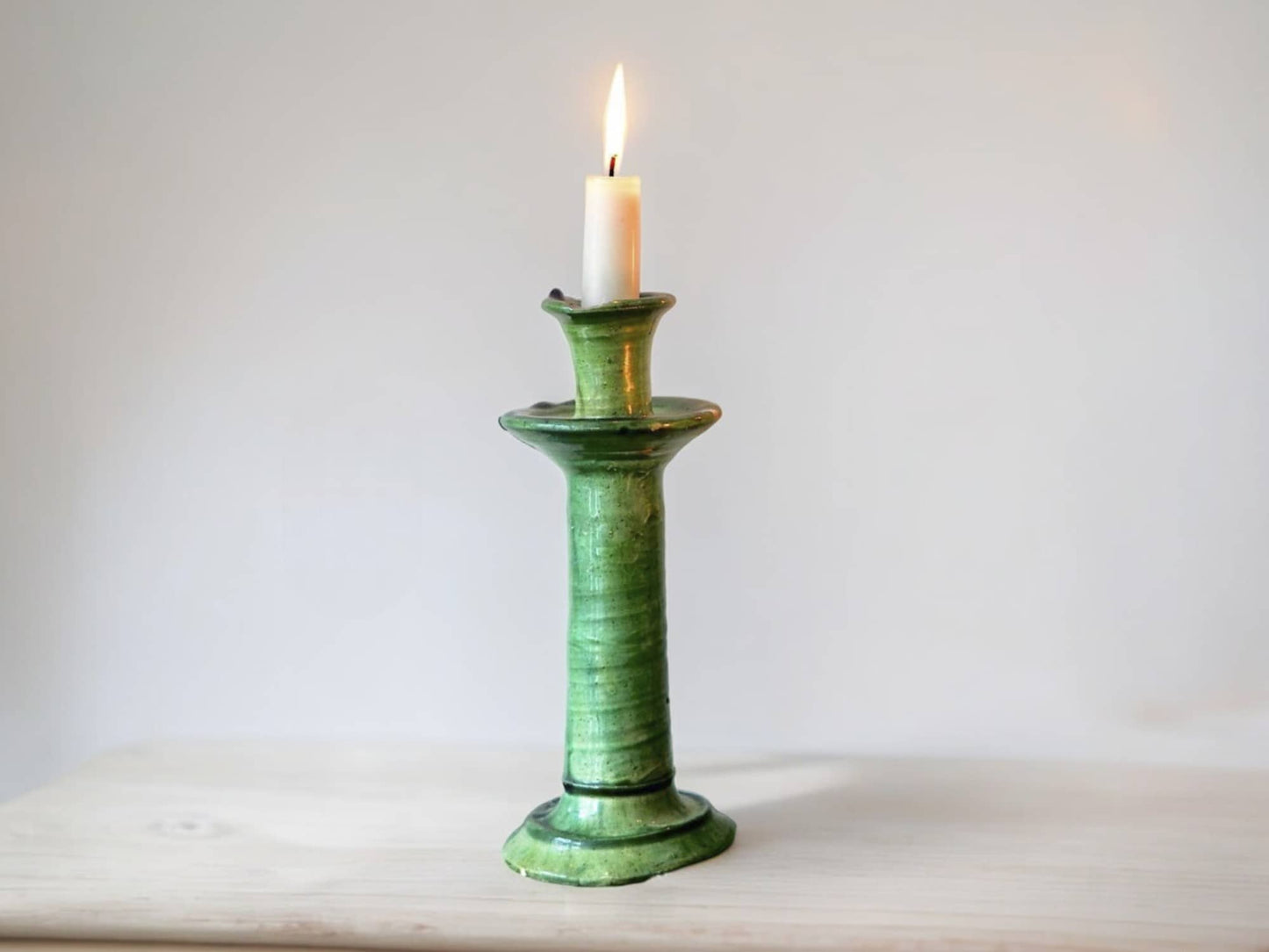 Handmade Moroccan Vintage Tamegroute Green Candlestick Holders: Set of 3 Ceramic Glazed Pottery