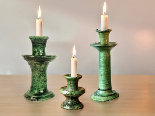 Handmade Moroccan Vintage Tamegroute Green Candlestick Holders: Set of 3 Ceramic Glazed Pottery