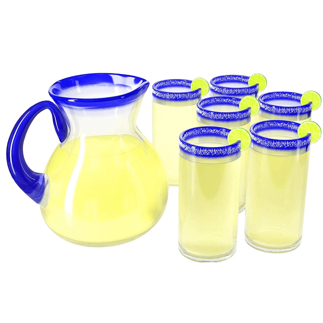 Hand Blown Blue Rimmed Drinking Glasses and Pitcher – Set of 6