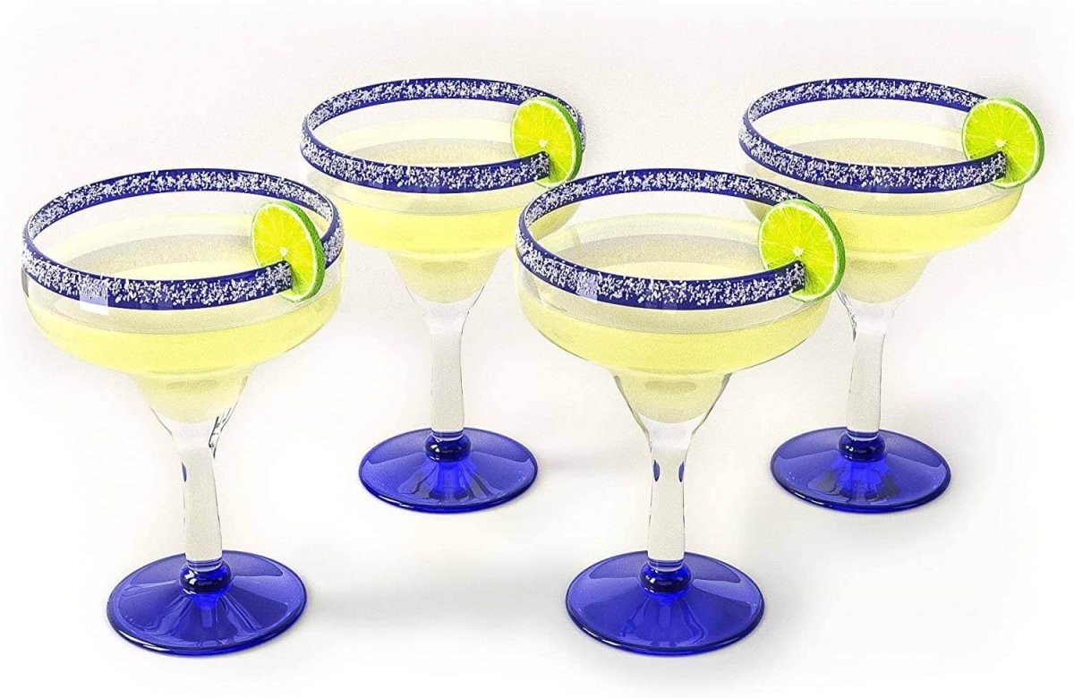 Hand Blown Margarita & Cocktail Glass – Set of 4 Large 16oz, Cobalt Blue Rim