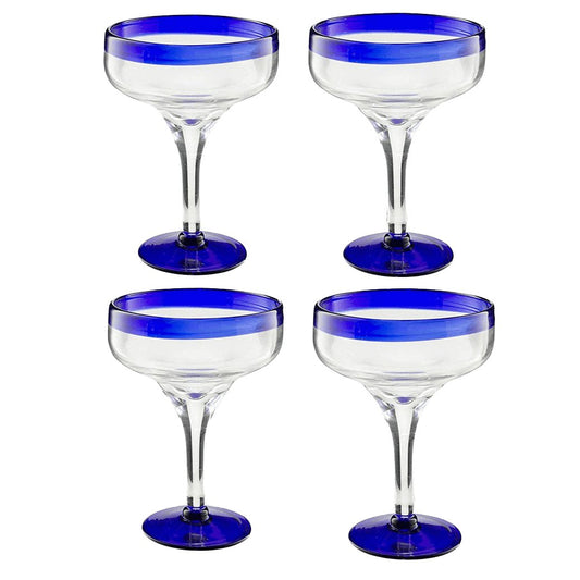 Hand Blown Margarita & Cocktail Glass – Set of 4 Large 16oz, Cobalt Blue Rim