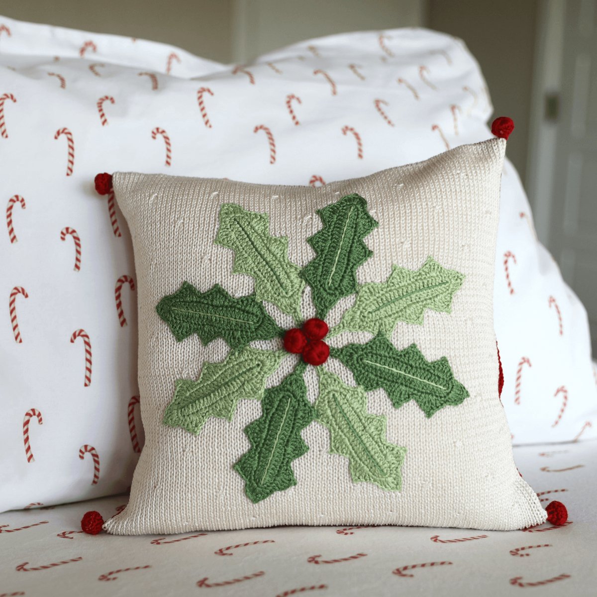 Handcrafted Artisan Christmas Holly Pinwheel 10" Pillow